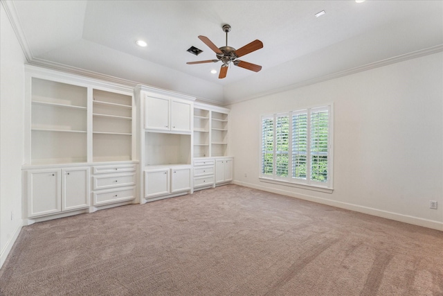 4012 Ruskin St, Houston, TX 77005 - unfurnished bedroom featuring light colored carpet, baseboards, crown molding, a raised ceiling, and recessed lighting