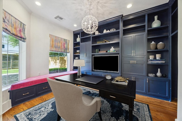 4012 Ruskin St, Houston, TX 77005 - home office with a chandelier, light wood-style flooring, built in features, recessed lighting, and ornamental molding