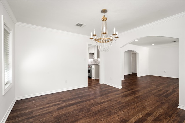 4030 Grennoch Ln, Houston, TX 77025 - spare room with a chandelier, arched walkways, dark wood-type flooring, baseboards, and crown molding