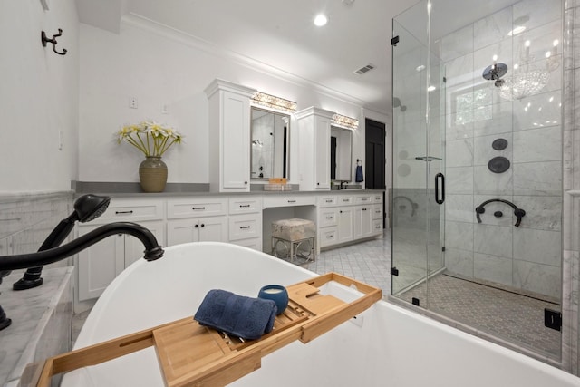 129 Stagecoach Cir, Huntsville, TX 77340 - bathroom with crown molding, a shower stall, a freestanding bath, and vanity