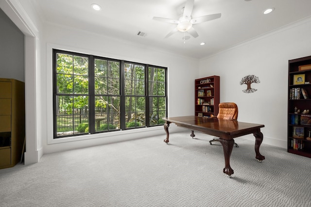 129 Stagecoach Cir, Huntsville, TX 77340 - office space with carpet, a ceiling fan, crown molding, recessed lighting, and baseboards