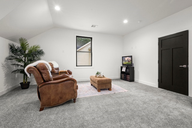 129 Stagecoach Cir, Huntsville, TX 77340 - sitting room featuring carpet flooring, lofted ceiling, baseboards, and recessed lighting