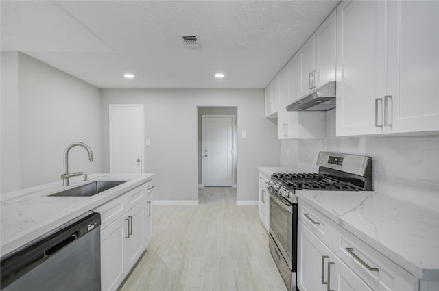 4614 Wee Lassie Ln, Houston, TX 77084 - kitchen featuring stainless steel appliances, under cabinet range hood, a sink, light wood finished floors, and light stone counters