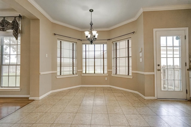 4415 April Meadow Way, Sugar Land, TX 77479 - unfurnished dining area featuring a chandelier, ornamental molding, baseboards, and tile patterned floors