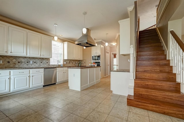 4415 April Meadow Way, Sugar Land, TX 77479 - kitchen with stainless steel appliances, decorative backsplash, island exhaust hood, crown molding, and light tile patterned floors