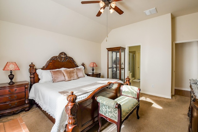 16211 Fleethaven Ln, Houston, TX 77084 - bedroom featuring lofted ceiling, light carpet, baseboards, ensuite bathroom, and a ceiling fan