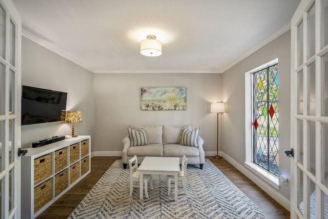 6111 Knollview Dr, Spring, TX 77389 - living area with french doors, dark wood-style floors, baseboards, and ornamental molding