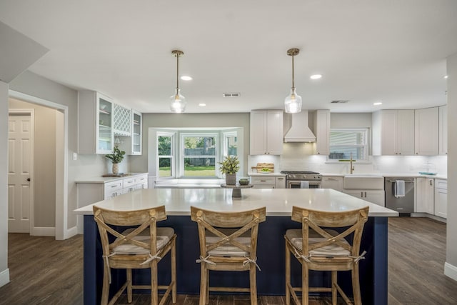 6111 Knollview Dr, Spring, TX 77389 - kitchen with stainless steel appliances, custom range hood, a sink, white cabinets, and light countertops
