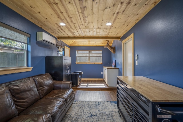 6111 Knollview Dr, Spring, TX 77389 - living area with wood ceiling, recessed lighting, a wall mounted air conditioner, hardwood / wood-style flooring, and baseboards
