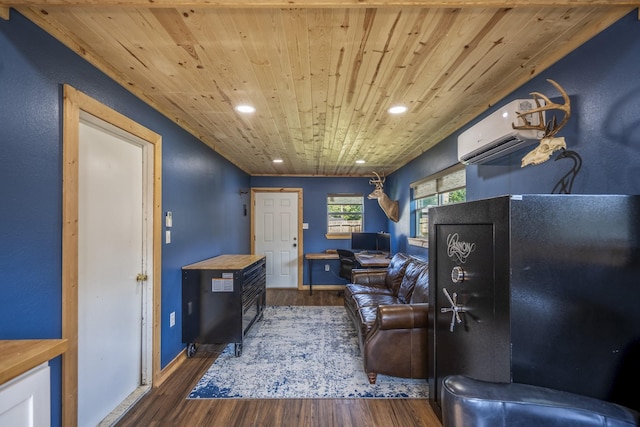 6111 Knollview Dr, Spring, TX 77389 - living room featuring wooden ceiling, wood finished floors, recessed lighting, a wall unit AC, and baseboards