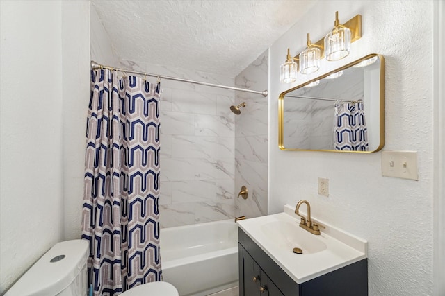 6702 England St, Houston, TX 77021 - bathroom featuring toilet, a textured ceiling, shower / bath combo, vanity, and a textured wall