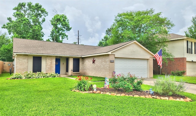 view of front facade with brick siding, a garage, driveway, and roof with shingles