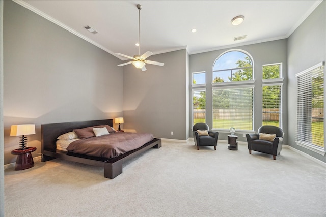 2918 Auburn Path, Sugar Land, TX 77479 - bedroom with baseboards, carpet flooring, ornamental molding, a ceiling fan, and a high ceiling