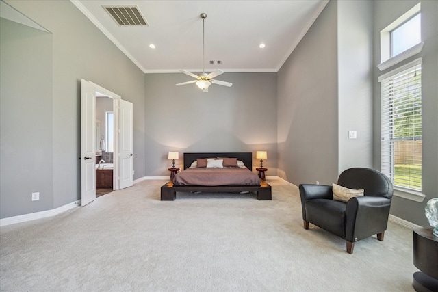 2918 Auburn Path, Sugar Land, TX 77479 - bedroom featuring light carpet, ornamental molding, a towering ceiling, baseboards, and ensuite bathroom