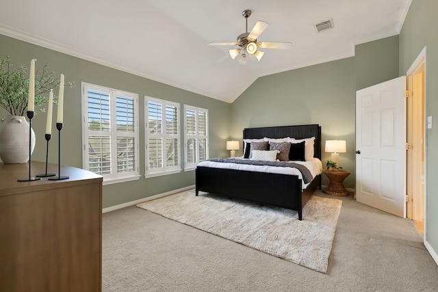 2416 Charleston St Unit E, Houston, TX 77021 - bedroom with ornamental molding, light colored carpet, lofted ceiling, baseboards, and ceiling fan
