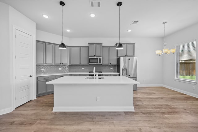 4325 Victoria Pine Dr, Spring, TX 77386 - kitchen featuring stainless steel appliances, gray cabinets, backsplash, an island with sink, and light countertops