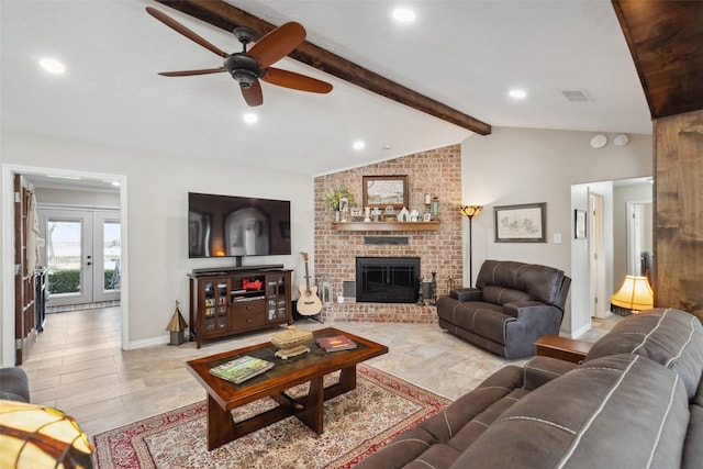 96 Fm 2550th Rd, Huntsville, TX 77320 - living room featuring a ceiling fan, a brick fireplace, baseboards, recessed lighting, and french doors