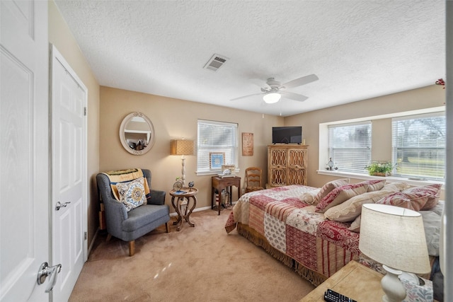 96 Fm 2550th Rd, Huntsville, TX 77320 - bedroom featuring multiple windows, light carpet, a textured ceiling, a ceiling fan, and baseboards