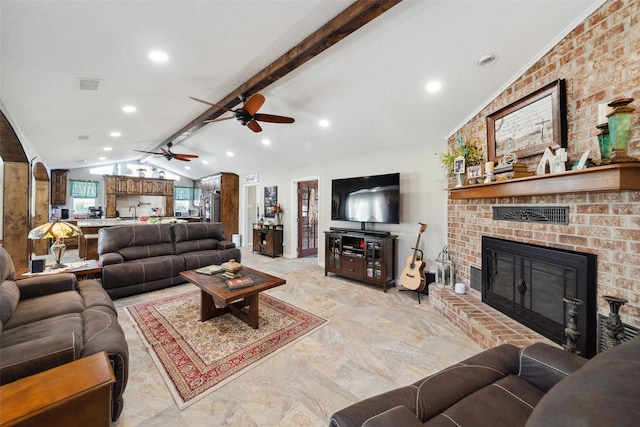 96 Fm 2550th Rd, Huntsville, TX 77320 - living room with ceiling fan, a fireplace, light marble finish flooring, and recessed lighting
