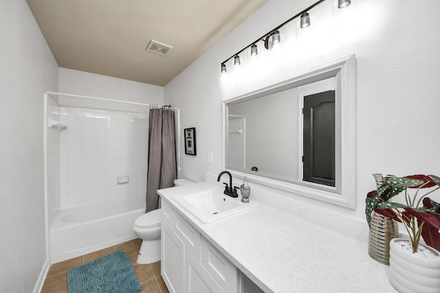 15122 Heron Meadow Ln, Cypress, TX 77429 - full bathroom with tile patterned flooring, toilet, vanity, and shower / tub combo with curtain