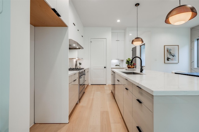 1209 W Bell St, Houston, TX 77019 - kitchen featuring a sink, extractor fan, modern cabinets, stainless steel appliances, and light wood-style floors