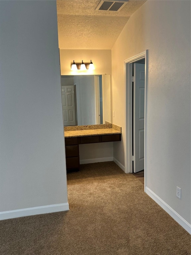 4326 Holly Terrace Ct, Pasadena, TX 77505 - bathroom with a textured ceiling, baseboards, and lofted ceiling