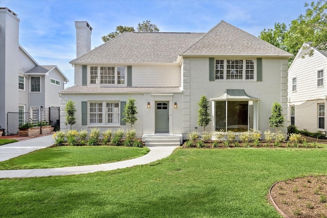2518 Glen Haven Blvd, Houston, TX 77030 - view of front of property featuring a front lawn, brick siding, a chimney, and a shingled roof