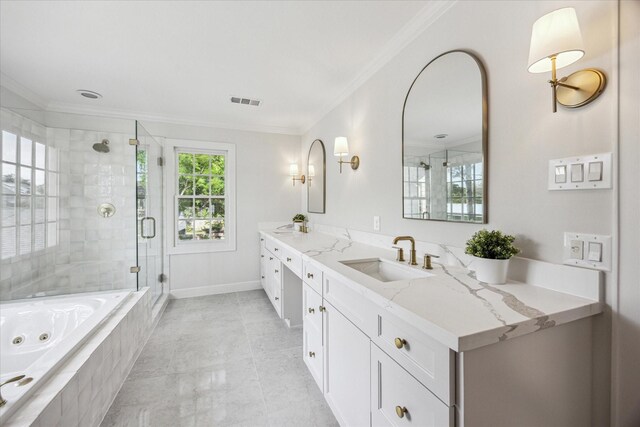 2518 Glen Haven Blvd, Houston, TX 77030 - bathroom featuring ornamental molding, double vanity, a stall shower, a whirlpool tub, and baseboards
