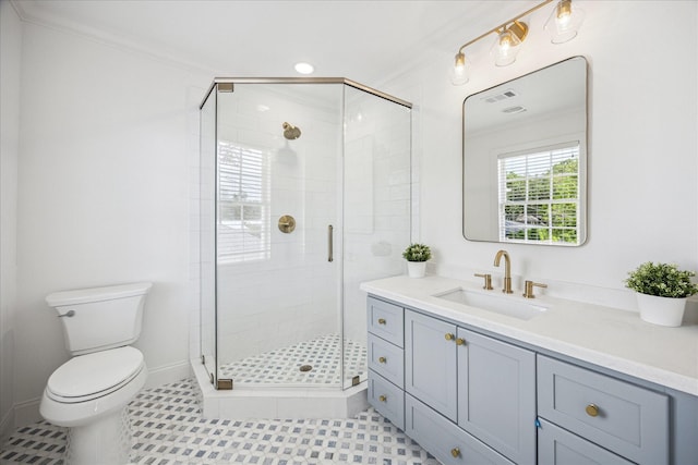 2518 Glen Haven Blvd, Houston, TX 77030 - full bathroom featuring vanity, a stall shower, toilet, ornamental molding, and baseboards