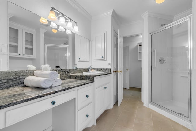 606 Packer Ct, Webster, TX 77598 - full bathroom with a shower stall, tile patterned flooring, vanity, and crown molding