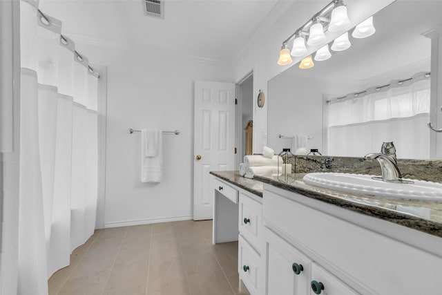 606 Packer Ct, Webster, TX 77598 - bathroom with tile patterned flooring, ornamental molding, vanity, a shower with curtain, and baseboards
