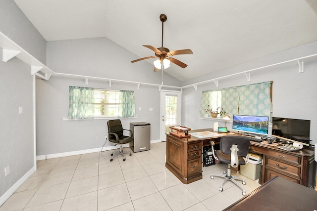 1576 Belle Terre Rd, Huffman, TX 77336 - office featuring a ceiling fan, lofted ceiling, light tile patterned floors, and baseboards