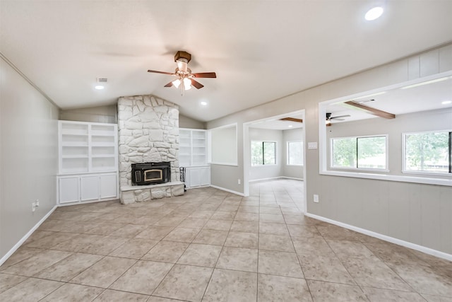 29090 W Lake Dr, Hempstead, TX 77445 - unfurnished living room featuring ceiling fan, lofted ceiling, tile patterned flooring, baseboards, and recessed lighting