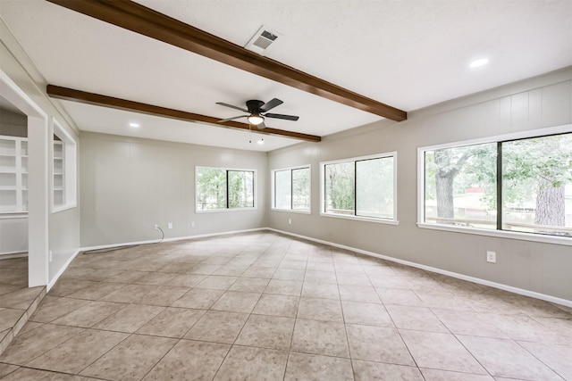 29090 W Lake Dr, Hempstead, TX 77445 - unfurnished room featuring beamed ceiling, a ceiling fan, light tile patterned floors, baseboards, and recessed lighting
