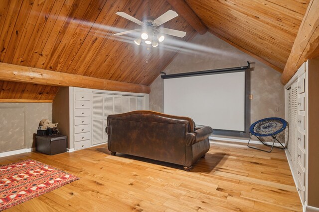 38614 Angel Oaks Dr, Magnolia, TX 77355 - cinema room featuring light wood-type flooring, wood ceiling, a ceiling fan, and baseboards