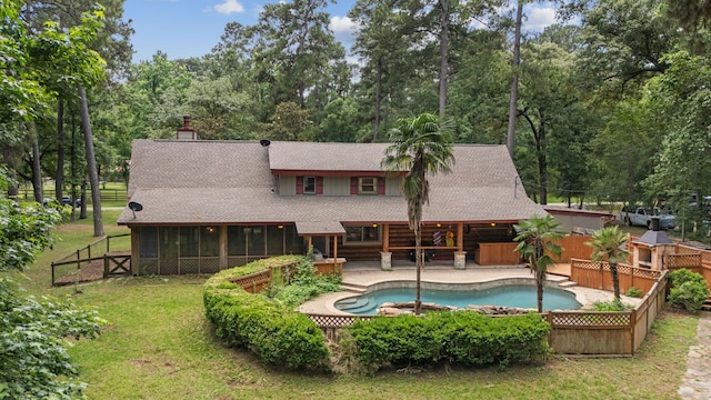 38614 Angel Oaks Dr, Magnolia, TX 77355 - view of swimming pool featuring a sunroom, a patio, and view of scattered trees