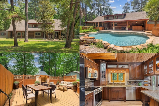 38614 Angel Oaks Dr, Magnolia, TX 77355 - view of pool featuring an outdoor kitchen, a wooden deck, a sink, and an outdoor living space with a fireplace