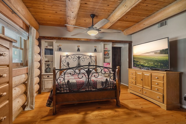 38614 Angel Oaks Dr, Magnolia, TX 77355 - bedroom featuring wooden ceiling with exposed beams, light wood-style flooring, and a ceiling fan