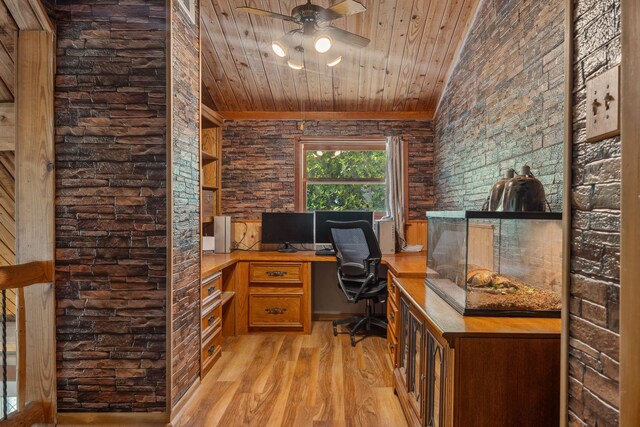 38614 Angel Oaks Dr, Magnolia, TX 77355 - office featuring light wood-style floors, a ceiling fan, wood ceiling, and built in desk