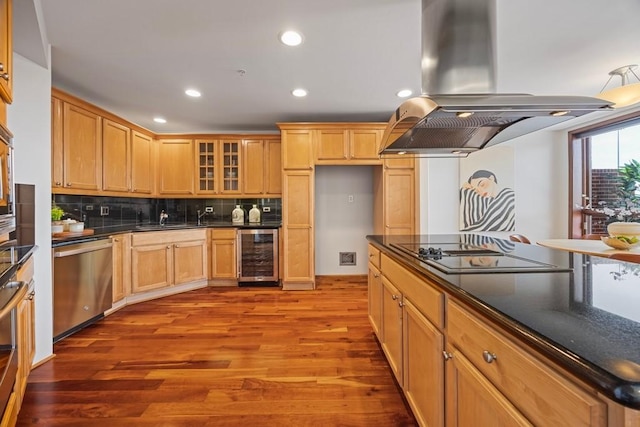 3030 Post Oak Blvd Unit 615, Houston, TX 77056 - kitchen featuring island range hood, beverage cooler, stainless steel dishwasher, electric cooktop, and dark countertops