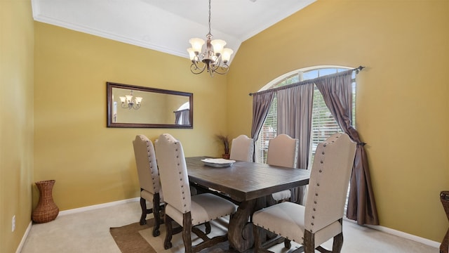 9618 Mystic Crossing Ct, Houston, TX 77065 - dining area featuring a chandelier, light carpet, ornamental molding, vaulted ceiling, and baseboards