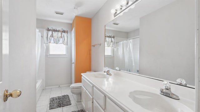 9618 Mystic Crossing Ct, Houston, TX 77065 - bathroom featuring toilet, double vanity, tile patterned flooring, baseboards, and shower / bath combination with curtain