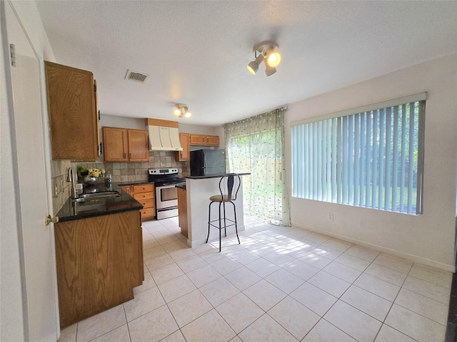 2922 Whetrock Ln, Sugar Land, TX 77479 - kitchen with electric range, fridge, a sink, dark countertops, and tasteful backsplash