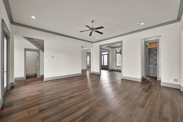 2331 Bottlebrush Ln, Conroe, TX 77384 - unfurnished living room featuring ornamental molding, ceiling fan, dark wood-style flooring, baseboards, and recessed lighting