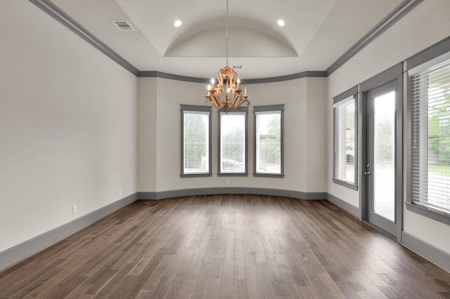 2331 Bottlebrush Ln, Conroe, TX 77384 - empty room with a chandelier, dark wood finished floors, baseboards, ornamental molding, and recessed lighting