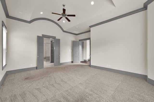 2331 Bottlebrush Ln, Conroe, TX 77384 - carpeted spare room featuring ornamental molding, vaulted ceiling, a ceiling fan, recessed lighting, and baseboards