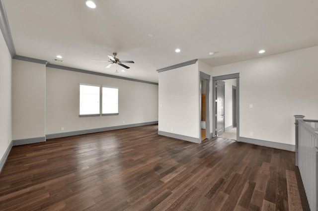 2331 Bottlebrush Ln, Conroe, TX 77384 - unfurnished room with a ceiling fan, ornamental molding, baseboards, recessed lighting, and dark wood-style floors