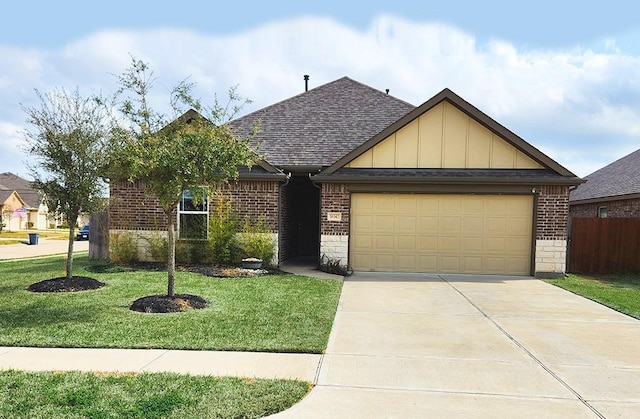 16342 Rockdale Landing Dr, Hockley, TX 77447 - view of front facade featuring an attached garage, brick siding, board and batten siding, concrete driveway, and a shingled roof