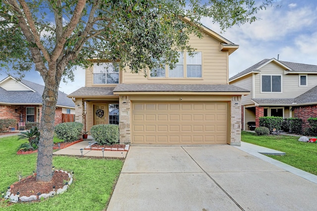 10911 Crosby Field Ln, Houston, TX 77034 - traditional-style home with concrete driveway, brick siding, a garage, a front yard, and a shingled roof