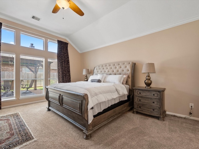 22603 Blanefield Ct, Tomball, TX 77375 - bedroom with carpet flooring, ornamental molding, baseboards, lofted ceiling, and ceiling fan